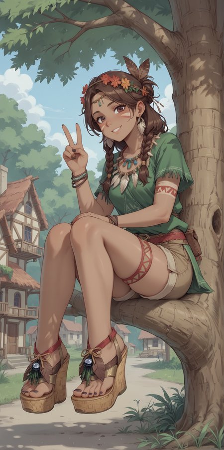 score_9, score_8_up, score_7_up, score_6_up, source_anime,
1girl, 
brown hair, 
dark skin,
tribal,
sitting in tree, sitting on tree branch, legs dangling,
feet, toes, black toenail polish,
(b0h0 heels), platform footwear,
(forest:0.9), town, village,
looking at viewer, v,
hippie tunic, frayed brown shorts, 
embedding:zPDXLrl ,
embedding:zPDXL2 ,