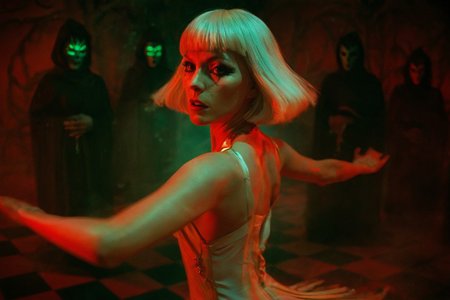 cinematic still, Elvira Hancock as The Gilded Phantom, caught mid-turn in a ritual dance among demon acolytes with glowing masks, her limbs elongated by slow shutter, platinum bob catching teal and crimson strobe pulses, upper body close-up, fisheye shot, background of a checkerboard floor melting into fog, mood of hypnotic ritual and painterly horror, saturated red and emerald spotlighting, color theme of witch-red, forest green, and bone white, style reference Suspiria
