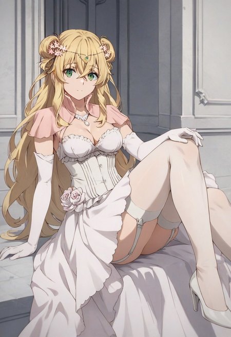 score_9,score_8_up,score_7_up, altena elgard ratis, 1girl, blonde hair, long hair, hair between eyes, green eyes, hair bun, double bun,  breasts, dress, cleavage, gloves, elbow gloves, hair ornament, hair flower, flower, white gloves, jewelry, necklace, thighhighs, white dress, capelet, high heels, garter straps ,