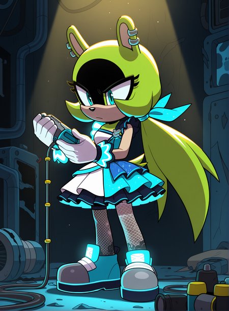 1girl, solo, full body, no humans,
<lora:Surge-the-Tenrec_v4:1> surge the tenrec, black face, aqua eyes, alternate hairstyle, low ponytail, very long hair,
idol outfit, asymmetrical dress, lace stockings, gloves, hair ribbon, accessories, (long shot), repairing equipment, detailed face, located in a ruined world at a decayed suburb during night with polluted weather, illuminated by dim light, creating a harsh,survivalist atmosphere, extremely detailed, highres, masterpiece, best quality