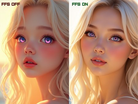 <lora:FFS_v.6:0.8>
A radiant close-up portrait of a young woman with luminous ivory-blonde hair cascading in soft, feathery layers, her strands glowing with sunlit highlights that flare against a warm, backlit gradient. Her gaze captivates with vividly iridescent violet eyes, glistening under a layer of glassy reflection, framed by dense lashes and bold, arched brows. Her skin is rendered in flawless peach-rose tones with a velvety sheen, subtly blushed along the cheeks and nose to suggest warmth and vitality. Glossy coral lips part slightly with a soft glimmer of light, adding sensual texture to her serene yet curious expression. The composition uses a low-saturation, pastel beige backdrop that elevates the brilliance of her pale hair and eye color, with the sun positioned off-frame to cast delicate rim lighting and lens flare. Executed in a refined anime-influenced style fused with digital airbrush realism, the visual tone is ethereal, softly luminous, and infused with dreamy summer warmth.