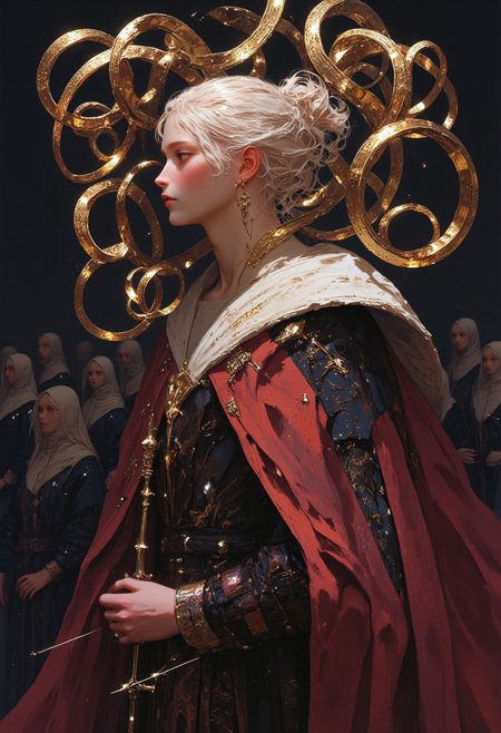 A close-up Frank Frazetta-inspired dark fantasy oil painting of a medieval albino woman, with design elements drawn from Michelangelo’s approach to women. Her face has the strong jawline and high cheekbones seen in Michelangelo’s figures, with soft, blended shading emphasizing her ethereal, serene expression and closed eyes. Her skin is smooth and alabaster, contrasting with her richly detailed Renaissance gown made from flowing fabric, draped in intricate folds and accented with gold embroidery. The gown's deep burgundy and muted gold create a luxurious feel, fitting her divine presence. Surrounding her are two dozen surreal gold rings, twisting and floating around her body in impossible patterns: some orbit her limbs, others stack in spirals, and a few hover at varying angles. These rings glow faintly with a soft light, adding a mystical, otherworldly aura. In the background, eight veiled maids stand in a perfectly aligned, queuing formation, their faces hidden, adding to the absurd, eerie atmosphere. The dark, moody background emphasizes the surreal gold rings, highlighting the bizarre scene.