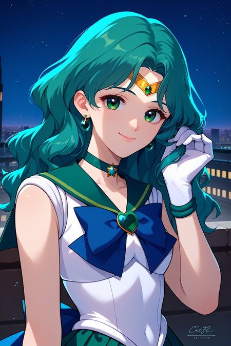 score_9, score_8_up, score_7_up, score_6_up, source_anime, 1girl, solo,  <lora:sailorneptune-pdxl-nvwls-v1-000005:1> slrnp, cyan hair, long hair, wavy hair, green eyes, circlet, earrings, choker, white shirt, green sailor collar, sleeveless, blue bowtie, brooch, cyan skirt, pleated skirt, white leotard, white gloves, elbow gloves, high heels, magical girl, upper body, portriat, looking at you, night sky, city, smile, closed mouth, happy, hand in hair