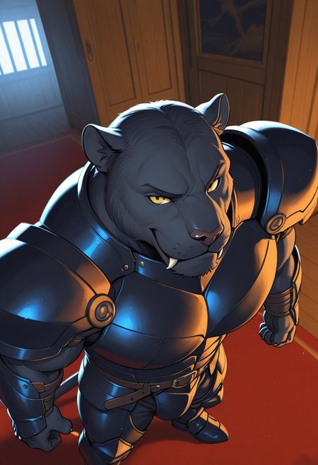 masterpiece,best quality,amazing quality, (male, antro: 1.4), 
BREAK 
( muscle, tall, barazoku, bara, facial hair, old, mature (smile, Sharp fangs, close up, high, angle , from above ) :1.1)), (1boy, solo,(male only) anthro, ) 
BREAK 
(male: panther, black panther )), armor, full armor
BREAK 
indoors,