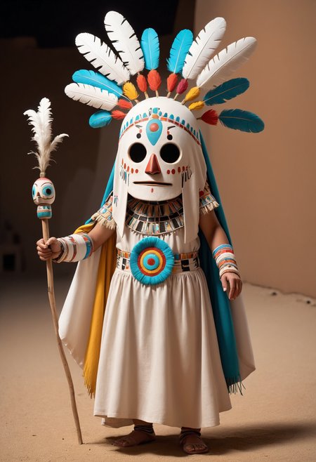DonM5h3375XL kachina, Spiritual being, Hopi and Zuni, embodyment deity spirit, natural elements,  elaborate masks and costumes, ceremonial dance, sacred and powerful, associated with crops
  <lora:DonM5h3375XL:1>