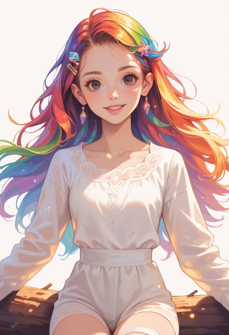 score_9, score_8_up, score_7_up, masterpiece, best quality, perfect anatomy, very aesthetic, ((outlined outlined vector graphics)),no norm,close up, front view,
, cute face, (glow eyes:0.8), looking at viewer, glittering, glimmering, brown theme,
1girl,20yo, rainbow hair, black eyes, log hair, hair pin,mdeium  breast, slender,(white thigh strap:1.1),(black clohtes:1.1),
, 
jewelry, earrings, parted lips,, long sleeve,black , action pose , smile, <lora:rainbow-hair-01-step00000800:1>