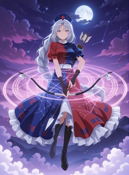 absurdres, highres, masterpiece, best quality, amazing quality, official anime artwork, screencap, anime screencap, outdoors, looking at viewer, serious, flying, cloud, 
<lora:Eirin-Yagokoro_Illustrious:1> yagokoro eirin, 1girl, solo, grey eyes, grey hair, very long hair, braided ponytail, medium breasts,, nurse cap, constellation print, multicolored dress, red dress, blue dress, puffy short sleeves, frilled dress,
holding bow, arrow, night, moon, light particles, starry sky, sky, magic circle, arrow \(projectile\), bow \(weapon\), cloud, cloudy sky,
