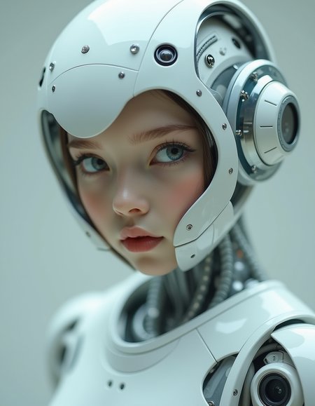 <lora:ck-Neurocore-Realistic-Cyborgs:1> in the style of ck-ncr, eye contact with an elegant petite teen girl cyborg robot, white ceramic material, full transparent glass head with mechanical parts, skeletal robotic body, innocent and childlike,  translucent white skin, half body portrait, Sci-fi movie (style by George Shaw), shallow depth of field, vignette, (Fujicolor Superia X-TRA 400), looking at the camera, vantablack <lora:- Flux1 - vanta_black_V2.0:.6> <lora:neeeg_f1:-.5>