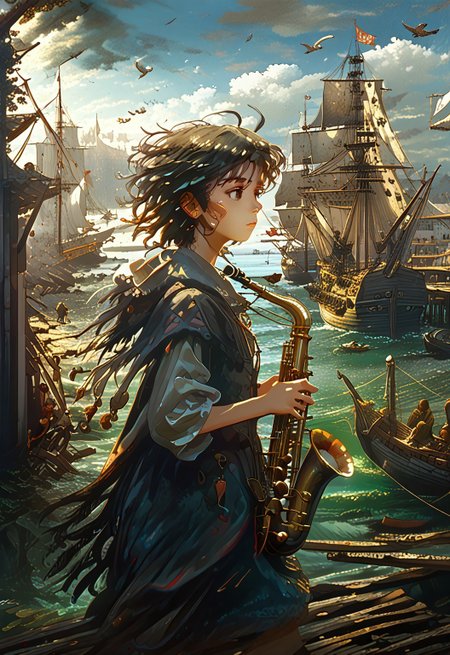 safe_pos, <lora:paulbril_pony_v1:0.9> by bril paul in, marina \(genre\),baroque \(style\), score_9, score_8_up, score_7_up, score_6_up, source_anime, <lora:Worldly_XL:1> Port1660mb, outdoors, ocean, sailing ship, pier, ship, watercraft, Bird, 1girl, sitting, wooden dock, wooden wharf, instrument, solo, solo focused, Kikuchi Makoto sitting on the edge of dock playing saxophone, playing instrument, <lora:Sheeps_Saxophone:0.8> SH_S4X, <lora:KikuchiMakoto_pony_v1:0.9> (kkcmkt, cowboy shot, 3/4 shot:2), short hair, black hair, antenna hair, hair between eyes, black eyes, flat chest, small breasts, historical male suit, cloak, boots, feathered hat, <lora:loraeyesxl:0.4>
