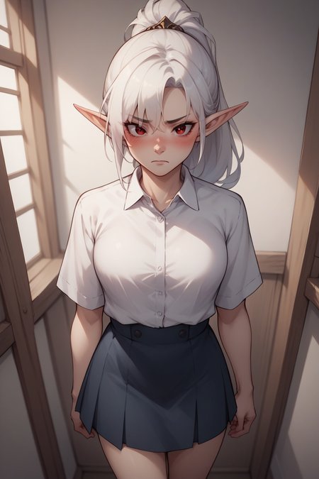 score_9, score_8_up, score_7_up, score_6_up, BREAK  pale skin, gogalking, <lora:gogalking 1024 6:0.7>, ponytail, ((white hair)), pointy ears, red eyes, long hair, elf, eyebrows visible through hair, blush, wide angle view, white shirt, collared shirt, skirt,