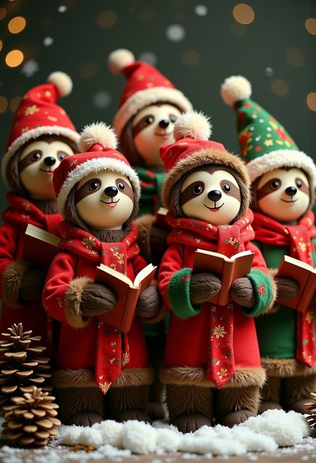 ck-sl0thmas,, a high quality digital image of a small group of sloth carol singers wrapped up in warm christmas themed clothing, they are holding hymn books and singing merrily