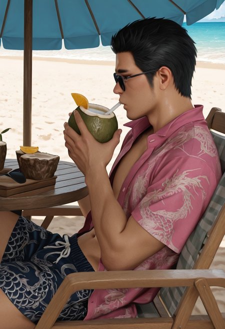 masterpiece, best quality, amazing quality, absurdres, newest, detailed background, definition so sharp, Ultra-HD, 8K cinematic, very awa, impressionate, amazing quality, highres, realistic, 
solo, male focus, manly, day, sunbeam, beach chair, under umbrella, sunglasses, from side, table, drinking coconut, relaxing,
kiryuchan, kiryuchan_black hair, kiryuchan_black eyes, 1boy, solo, male focus, short hair, facial hair, sideburns, pink collared shirt, open shirt, dragon pattern on shirt, hawaii shorts, beach, wooden sandals