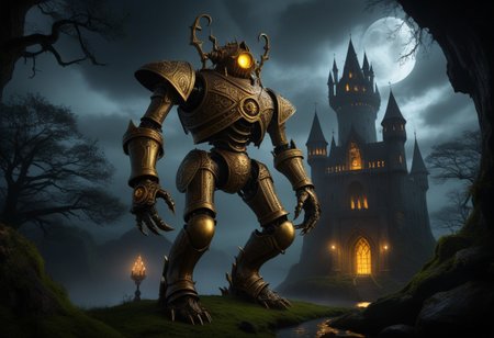 giant bipedal robot brass and dark yellow paint, bronze paisley robot. lacy robot metal. crawdad helmet head. outside of a steampunk keep. large detailed torso. dark image. one forty foot tall ancient robot with great arms and two heavy spring legs. dark foggy night background. $dark foggy night image only. dark photo realistic image. steampunk details. cogs, chains and pipes incorporated in the fantasy buildings. magic wizards tower in background. Dark swamp, moss, castle ruins, wizards tower. stormy dark night.  stormy sky. spooky trees
