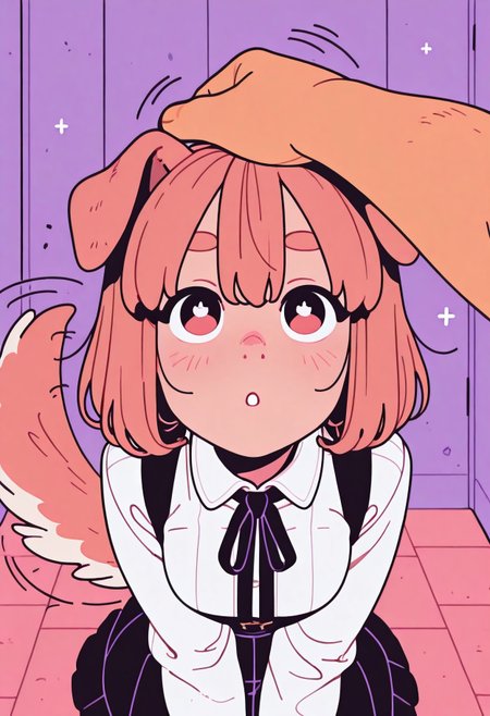 flat_colors, Flatline, Flat vector illustration,
dynamic pose,

1girl,
dog girl, dog ears, dog tail,
POV headpats, hand on head,
skirt, wagging tail, looking up at viewer,

incoth, (incase:0.6), artist:moriimee,