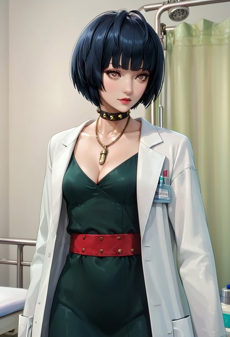 score_9, score_8_up, score_7_up, source_anime, 4n1v3rs3, (masterpiece, Highest quality:1.4), (beautiful, perfection, delicate, Complex:1.2), (cute, Fascinating), (Depth of written border:1.2), Realistic Face:1.2, 
1 girl, 30 years old, mature female,
p5tae, tae takemi, short hair, bob cut, bangs, labcoat, necklace, choker, studded collar, short dress, dark green dress, cleavage, red belt, gladiator sandals, platform footwear,
Hospital, examination room, examination table, standing, view from front. cowboy shot,