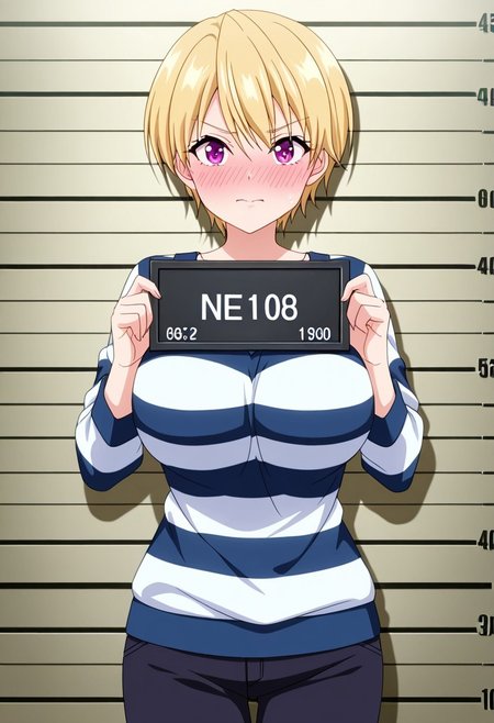 general,highres, ultra-detailed,very aesthetic,best quality ,best hands,best eyes,easynegative,
anime cloring,anime screencap,
1girl solo,looking at viewer,holding Prisoner number plate,embarrassed, cowboy shot, mugshot background,stripe jail clothes, 
Haruki AZUMA,blonde_hair, short_hair, purple_eyes, huge_breasts,