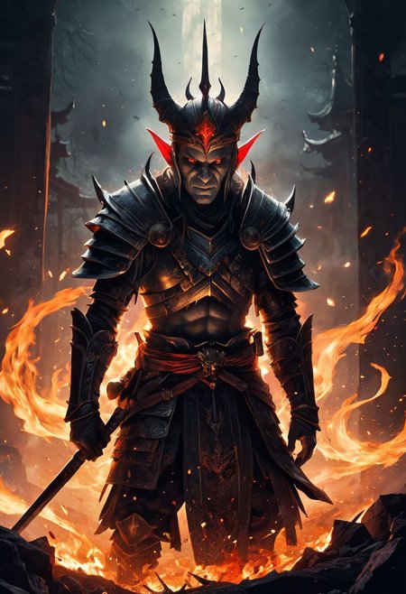 4k, high resolution, best quality, perfect colors, perfect shadows, perfect lighting, final showdown super illustration extremely detail, story of the brave, dark sky, false glory, supernatural existence, even if all hope is lost, seek more power, stepping on countless corpses and shouldering the burden of guilt, darkness of night fall, demon inside, all range, blood burning, moonlight signpost with run through, wipe away the pain and sadness, until we tear apart the darkness and bring light, stir up blood, to weave hope, determined eyes, scary old face, stunning elaborate wand, following the scars, firelight scattered, in light and shadow, beautiful detail, heat haze in light and shadow, fiery, fire blazed on the ground, shed tears of fate, bloody road, fleeting prayer that scatters, until the afterlife, feel the last time, heartbeat double exposure, an impending strong enemy, goblin, hairless, wearing a crown, wearing samurai armor, oil painting, fantasy, digital art, highly detailed, overall detail, atmospheric lighting, Awash in a haze of light leaks reminiscent of film photography,  awesome background, highly detailed styling, intricate details, highly detailed, cinematic,
