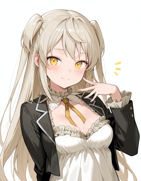 Volumetric Lighting, (masterpiece), (best quality), (ultra-detailed), masterpiece, source_anime, score_9, score_8_up, score_7_up BREAK, illustration, disheveled hair, detailed eyes, perfect composition, moist skin, intricate details BREAK, Deagle, yellow eyes, very long hair,medium breast , two side up BREAK, DeagleDef, def_frilled_dress, def_blazer, open blazer, def_detached_collar, def_neck_ribbon, frilled collar, BREAK, ((white background)), looking at viewer,smile, upper body, face focused, hand up, detailed fingers