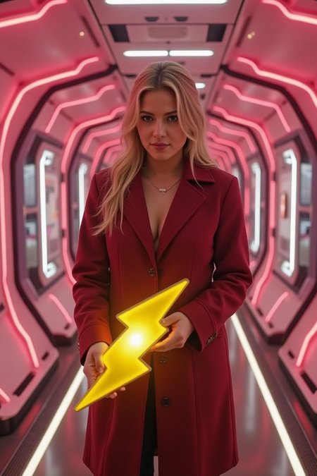 The image depicts a person standing in a futuristic, neon-lit corridor. The individual is dressed in a deep red coat and has long blonde hair. They are holding a bright yellow lightning bolt-shaped object, which appears to be a light or a device. The background features a series of illuminated panels and a sleek, modern design, suggesting a high-tech environment. The lighting is predominantly pink and white, creating a vibrant and dynamic atmosphere.