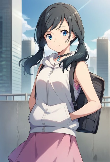 score_9, score_8_up, score_7_up, source_anime, hina amano, black hair, twintails, blue eyes, smile, skirt, jacket, sleeveless, choker, hood, bag, hoodie, white jacket, backpack, hood down, hooded jacket, pink skirt, sleeveless jacket, sleeveless hoodie, outdoors, cityscape, looking at viewer, dutch angle, cowboy shot,