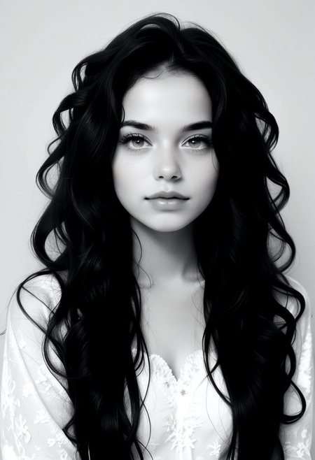 score_9, score_8_up, score_8_up, ((masterpiece, best quality, extremely detailed, absurdres))  female, 1girl, looking at viewer, long hair, curly hair,perfect portrait, close-up, face photograph, intense look, moving, deep thoughtful eyes, pretty eyes, very detailed, simple background, extremely detailed, grey scale, black and white, monochrome,  , (((half face out of frame)))