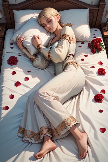 score_9, score_8_up, score_7_up, score_6_up
<lora:HGFiona:0.9>
HGFiona, 1girl, blonde hair, ponytail, blue eyes, looking at viewer, sleeping in a bed, rose petals, closed eyes, full body