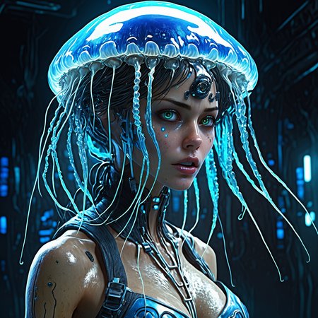(biopunk sexy woman turning into jellyfish :1.3) with cybernetic features, cinematic, cyberpunk elements, amazing detailed, grim sci-fi, slime biomorph, organic and mechanical, natural light, beautiful, glowing iridescent eyes, dark futuristic