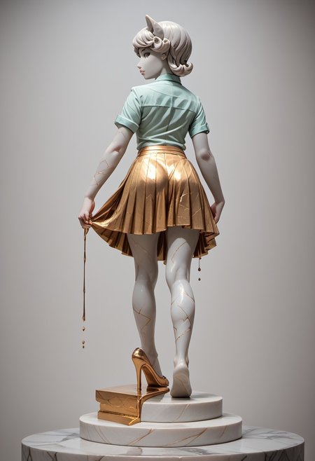 score_9, score_8_up, score_7_up, score_6_up, score_5_up, score_4_up, 1girl, solo, nicole, marble short hair, marble cat ears, white marble body, marble face, shiny marble, reflective marble, petite, beautiful, real, realism,
, gold cracks on sculpture, legs melting, liquid marble legs, gold liquid legs, gold glimmer, liquid marble, marble shirt, shirt, marble skirt, pleated skirt, sculpture clothes,
, lonely, isolation, emptiness, looking back, full body shot, back view, dynamic pose, Sculpture, easynegative, swf, gold and white only,