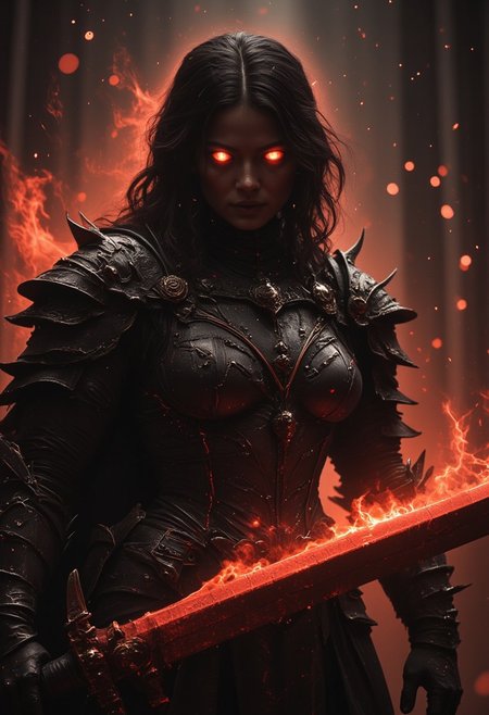 (((extreme beautiful charming Face Closeup))) n30nfilm,  m100-style, a female buxom muscular knightess with spiked metallic shoulder armor pauldron, No Face, juicy, deep blacks, charming mysterious, billowing translucent dark cape, flexing, Action Pose, wielding a bloody colossal large sword