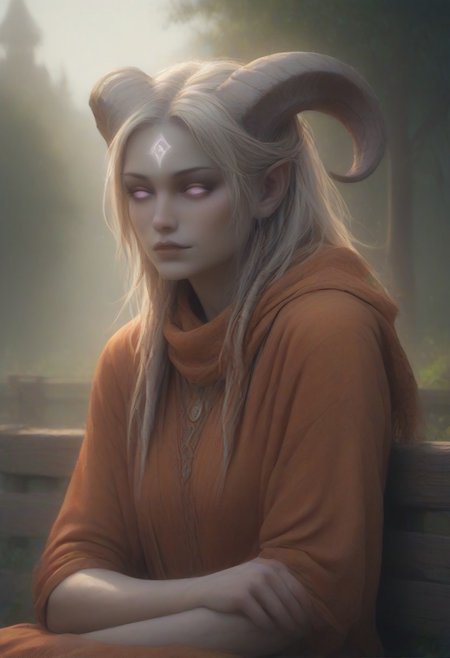 (absurdres, best quality, masterpiece:1.4), score_9, score_8_up, score_7_up, score_6_up, detailed, detailed body, detailed face, world of warcraft, fantasy, <lora:add-detail-xl:1.5>, 
culDraenei, purple eyes, no sclera, no pupils, 
(orange robe, orange silk scarf), sitting on fence, 
upper body,
outdoors, forest