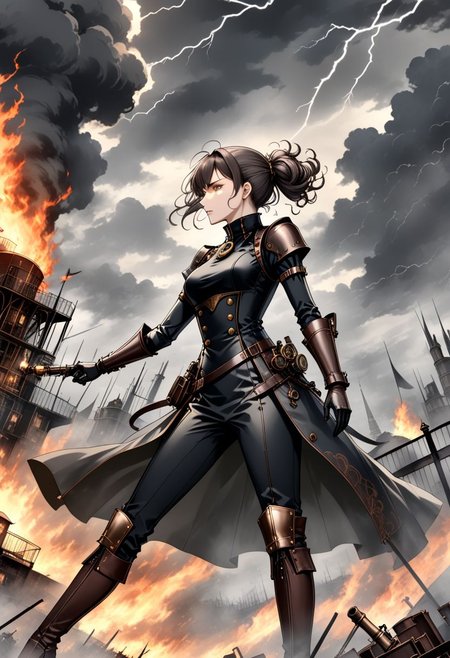 breathtaking steampunk person, dutch angle, outside with a rising sun under a sky with dark ominous clouds, (lightning, levin), commanding dangerous and alluring expression, high neck line top, epic battle with fires and smoke in the background, style of Cynthia Sheppard, style of Yoji Shinkawa, . award-winning, professional, highly detailed,