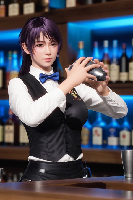 score_9,score_8,score_7_up,ultra detailed,realistic,
shandy \(doa\),1girl, solo, 
bartender, shirt,long_sleeves,  bowtie,black vest,holding shaker,bottle,glass,alcohol,
large breasts,
long hair, swept bangs, asymmetrical hair, single sidelock, purple-blue gradient_sidelock, 
night,dark,bar,foreground cocktail,blurry_background,blurry_foreground, 
 <lora:bartender_pony_V1.0:0.8> <lora:doa_shandy_pdxl_v16:0.9>
