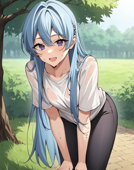 aiselle_molf, lavender eyes, light blue hair, long hair, blue hair,  manhwa, white shirt, black yoga pants, short sleeves, sweat, sweating BREAK  outdoors, park, forest, medieval BREAK looking at viewer, sexy face, sexy smile, open mouth, cowboy shot, hands on knees,  bent over BREAK score_9, score_8_up, score_7_up, source_anime ,zPDXL, perfect hand,  <lora:Aiselle_Molf:0.8>