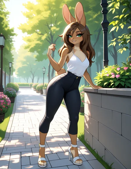 masterpiece, best quality, very aesthetic, absurdres,
outdoors, casual, 
full body, posing, 
seductive smile, parted lips, long eyelashes,
 <lora:Aubrey_Sky_v01_NAIXL:1>
4ubr3y5ky,1girl,solo,furry,furry female,rabbit girl,long hair,brown hair,rabbit ears,green eyes,animal nose,body fur,brown fur,rabbit tail,