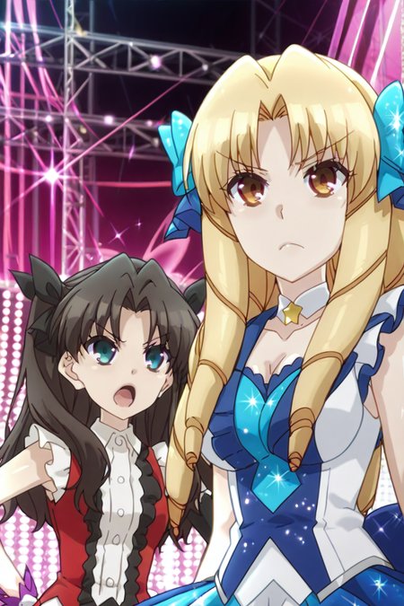 detailed background, shiny skin, posing,
heart, bloom, glitter, sparkle,
<lora:prisma.il:1>,
prisma,
(multiple girls, 2girls:1.8),
rin, luvia, 
idol costume, upper body, open mouth, frown,
