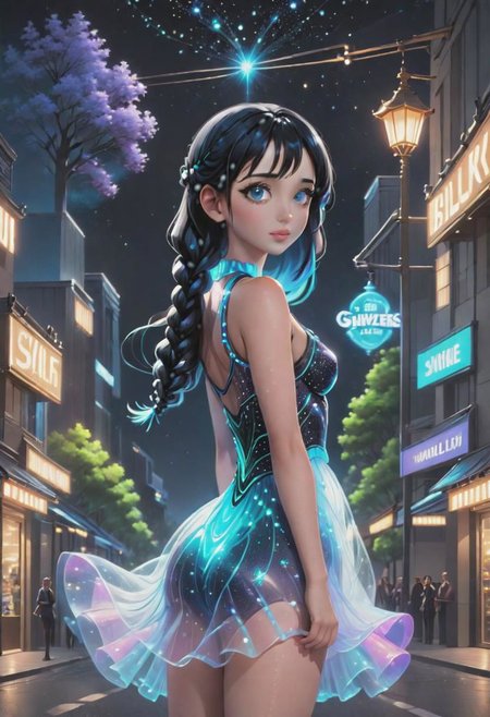 (high quality:1.4), (high resolution), cinematic lighting,  midjourney style, (disney pixar 3d cartoon style:1.15)  1girl, freckles, dark blue eyes, starry eyes, black hair, (single braid: 1.2), (medium breast), cute smile, thin and fit, large pixar eyes, wearing a bioluminescent dress, Mar1lyn_pos3