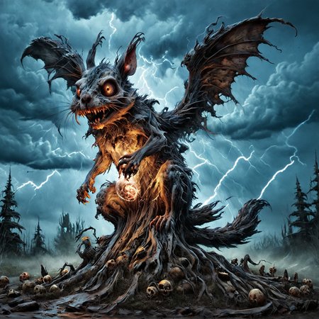 epic   <lora:Bob_Ross_ASMR_Style_XL:1>bob ross style painting  of scary scenery , squirrel demon monster with bat wings ZKELETON <lora:monster:1.4> stormy sky  with lightning <lora:zkeleton:1.2>