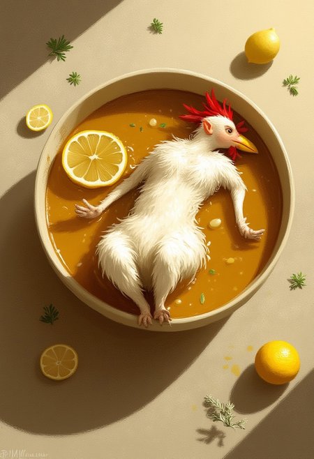 A hyperrealistic digital illustration of a surreal anthropomorphic chicken with a rooster's head and comb but human-like pale limbs, reclining in a round ceramic bowl filled with clear golden broth, garnished with thin lemon slices and scattered green herbs, dramatic lighting casting subtle shadows on a textured beige surface, photorealistic rendering with meticulous attention to liquid reflections and skin texture