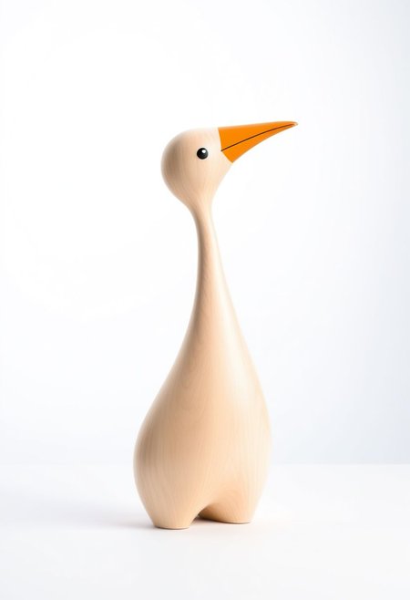 (expert craftsmanship:1.8), (high resolution, product photography, photo studio background:1.2), (modern wooden toy animal, avian creature:1.8), (fine wood, realistic wood material:1.5), (simple form, abstract form, multiple parts:1.9), (finely crafted parts, simple shape, elegant shape, ambiguous shape, stout shape, innocent shape:1.4), (comfortable, playful, friendly:1.5), (tall, lanky, whimsical:1.7), (Bauhaus Design aesthetic:1.7)