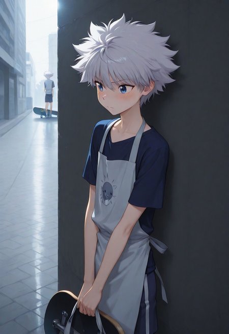core_9, score_8_up, score_7_up, source_anime, highres, masterpiece, best quality,cinematic lighting:0.5,
,1boy,solo,male focus, killua_zoldyck, white hair, blue eyes, short hair, spiked hair, bangs, messy hair, slim body,embarrassed,light blush,handsome, focus upper body,look at view,
hand ,take a bag,sitting on skateboard,slim chest,shoulder,leg,
,short apron,shorts,socks,
outdoor,store street,corner,blind spot ,stain floor,camera, , video game, ,bag,skateboard,
BREAKvolumetric light, volumetric lighting, reflective light, rim light, day light,contrast,
