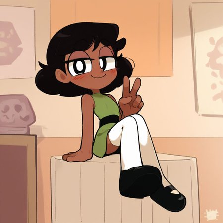 score_9, score_8_up, score_7_up, score_6_up, score_5_up, score_4_up, BREAK, source_anime, connie_maheswaran, indoors, bunt bangs black hair, small breasts, black footwear, white thighhighs, smile, smug, blush, green top, sleeveless, green miniskirt, peace sign, pantsless, powerpuff, dark-skinned female, 1girl,