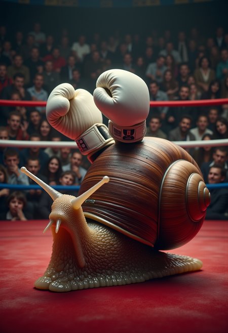 a snail with white boxing gloves on top of its antennas, red shell, crowd filled boxing ring arena, paparazzi <lora:Dever_Flux_Enhancer:0.5>