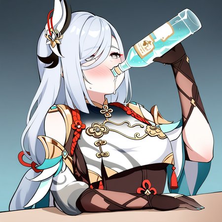 <lora:xl_katyusha_chug(kohaku_delta)-000014:1>,drinking,solo,bottle,blush,shenhe \(genshin impact\),, masterpiece, best quality,