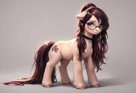 SFW, rating_all, score_10, score_8_up, score_7_up, beautiful, realistic, detailed, perfect, quality, vector, flat colors, masterpiece, Pito, ((Pito as a My Little Pony character)), 1female, ((Pony)), colored fur, light toned fur, colored mane, light toned mane, ((long mane)), grey eyes, baggy eyes, glasses, nervous, ponytail mane over shoulder, looking at viewer, ((skullchoker)), full body