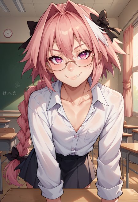 score_9,score_8_up,score_7_up,score_6_up,source_anime, 1boy, otoko no ko, <lora:EPAstolfoPony-05:1> EPfaAstolfo, pink hair, pink eyes, ribbon, hair ribbon, braid, hair between eyes, hair intakes, white hair, hair bow, single braid, long hair, long braid, streaked hair, skin fang, bow, black bow, teacher bent over towards viewer, collared shirt, white shirt, skirt, black dress, seductive smile, dutch angle, flat chest, partially unbuttoned, collarbone, school classroom, glasses, dimly lit, moody lighting,