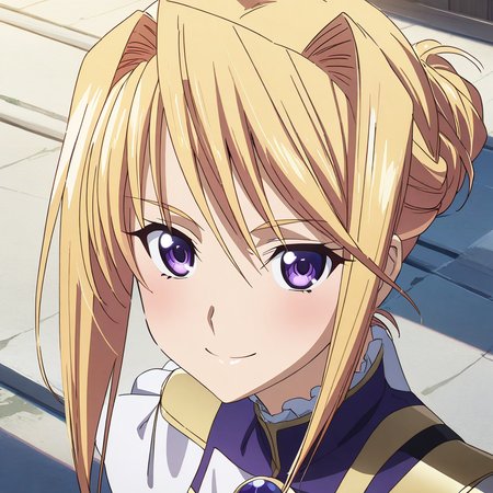 1girl, solo. sylvia_van_hossen, large breasts, blonde hair, purple eyes, hair bun, close up, portrait, smile, anime coloring <lora:XL-SylviavanHossen:1>, (masterpiece),(best quality),(ultra-detailed),(best illustration),(best shadow),(absurdres),(detailed background),(very aesthetic),