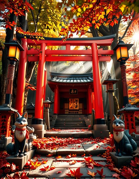 A breathtaking Inari shrine hidden within a serene Japanese forest during autumn. The scene is illuminated by the soft glow of traditional stone lanterns, casting warm golden light on the vibrant red torii gates that form a mesmerizing tunnel leading up the shrineâs stone steps. The ground is covered with delicate fallen maple leaves in shades of crimson, orange, and yellow. Kitsune (fox) statues with intricate details guard the entrance, wearing red bibs symbolizing their sacred role. The shrineâs wooden structure is adorned with ancient calligraphy and shimenawa ropes, exuding a mystical and spiritual atmosphere. Sunlight filters through the dense foliage, creating a tranquil interplay of light and shadow. The air feels crisp and filled with a sense of reverence and peace. The image is captured in a hyper-detailed, photorealistic style, with high dynamic range lighting enhancing the depth and richness of the colors.
<lora:SDXLFaeTastic2400:0.4> <lora:extremely_detailed:0.4> extremely detailed, <lora:Inari_shr1n3:1>,Inari shr1n3, Masterpiece,best quality,hi res,8k,hi res,8k,award winning,(sharp focus, intricate, highly detailed),