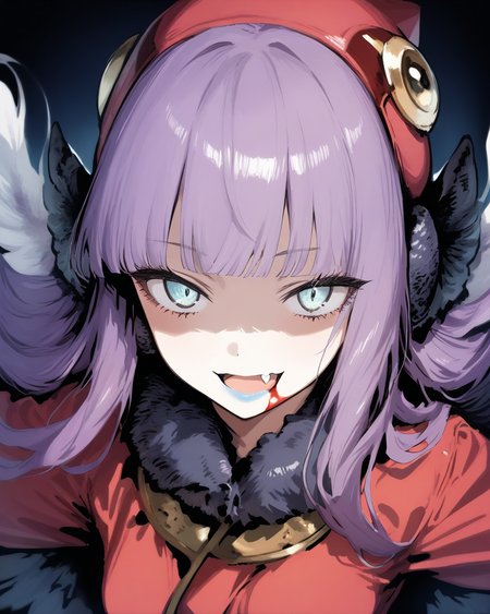 1girl,
MuuShuwuuShinMegamiTensei,
safe, solo, close-up, upper body, 
long hair, hair wings, purple hair, multicolored hair, white hair,
hat, fur trim, earmuffs,
shaded face,
blunt bangs,
beautiful eyes,
open mouth, blood in mouth, fang, blue lips,
spread arms, reaching, long sleeves,
coat, small breasts,
dark room, bloodstain,
depth of field,
<lora:kp_MuuShuwuuShinMegamiTenseiAnimagineXL_v1_0:1.0>,
masterpiece, high score, great score, absurdres