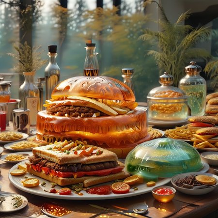 foodphoto, a cheeseburger and fries made out of slime, cheeseburger and fries on a plate, food made of slime, food still life, plate made of slime, table made of slime,
natural light, no bright spots, 
((translucent slime)), ((transparent slime)), made of water, (bioluminescent slime), sl1m3, slime, slime-morph, ais-blmn, saturated colors, no creatures, no humans, no monsters, no pokemon, scenery only, scenery, ral-lava, watce