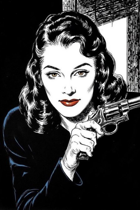 alexray1 drawing
 a mysterious woman with dark, wavy hair and piercing eyes stands in the shadows of a dimly lit room. She is holding a small revolver with a delicate yet firm grip. Her red lipstick is the only color that stands out in the darkness, her intentions unclear but dangerous.  <lora:alexray1_nocap_d6a3:1.0><lora:815513349472287613:0>